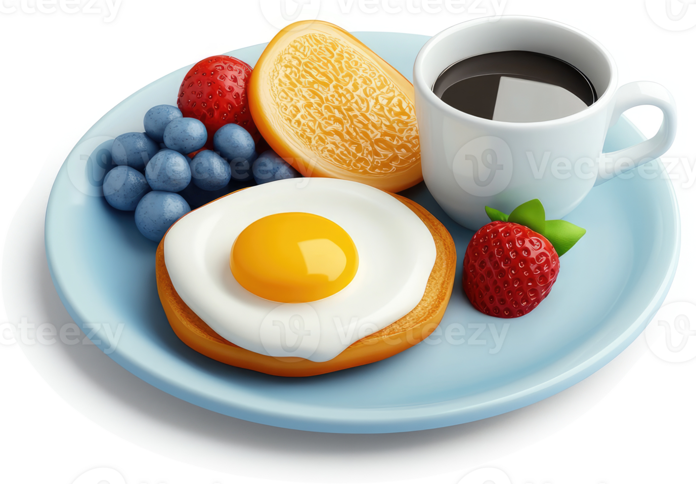Colorful breakfast platter featuring eggs, fruit, and coffee. png