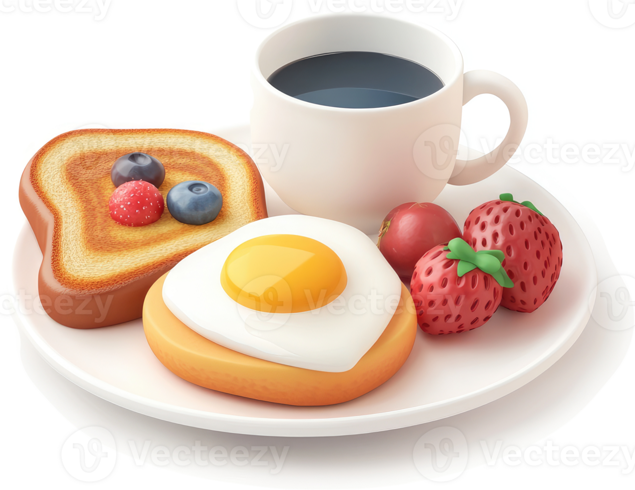 Colorful breakfast platter with toast, egg, berries, and coffee. png