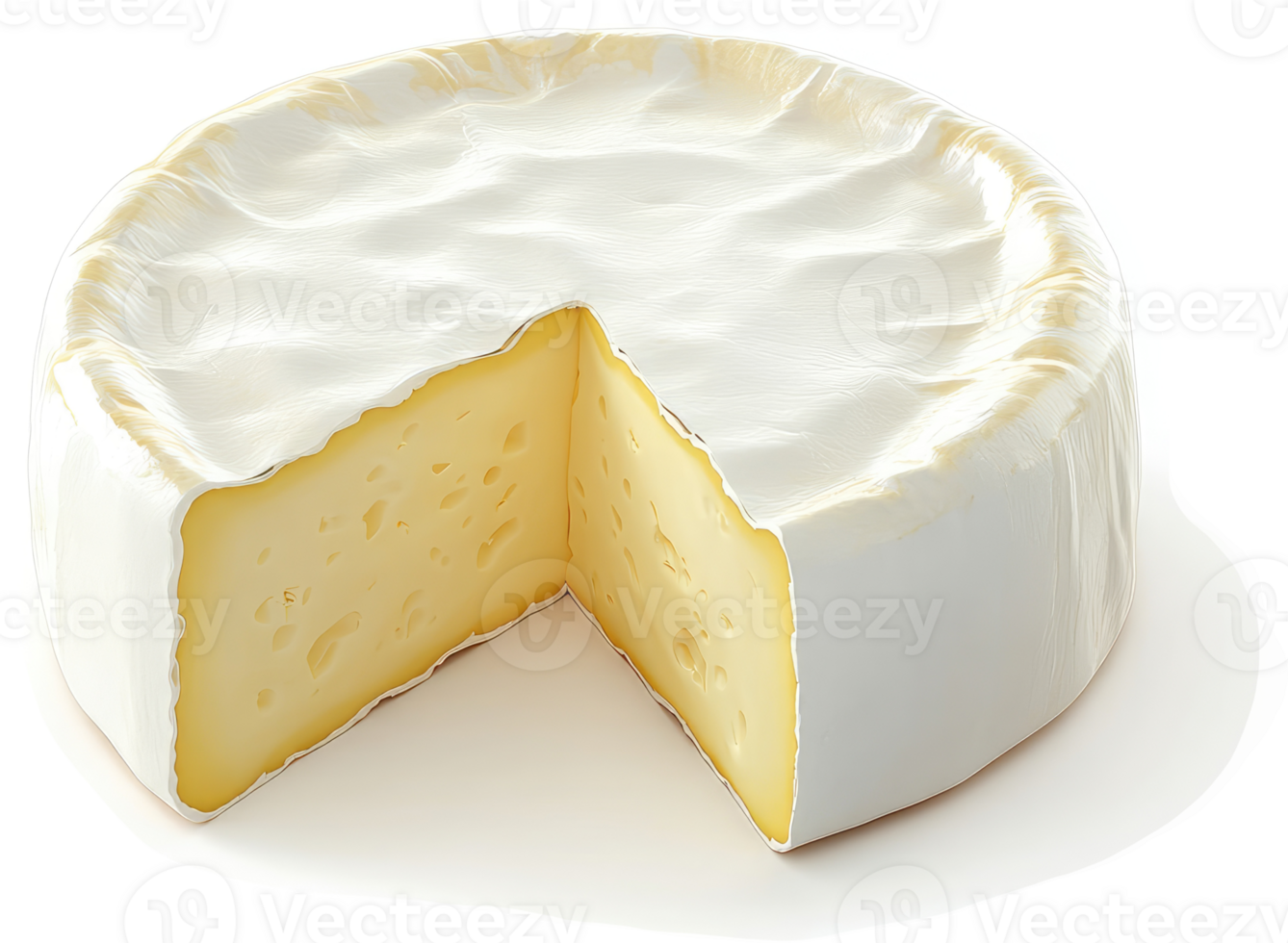 Creamy, round Camembert cheese with a section removed. png