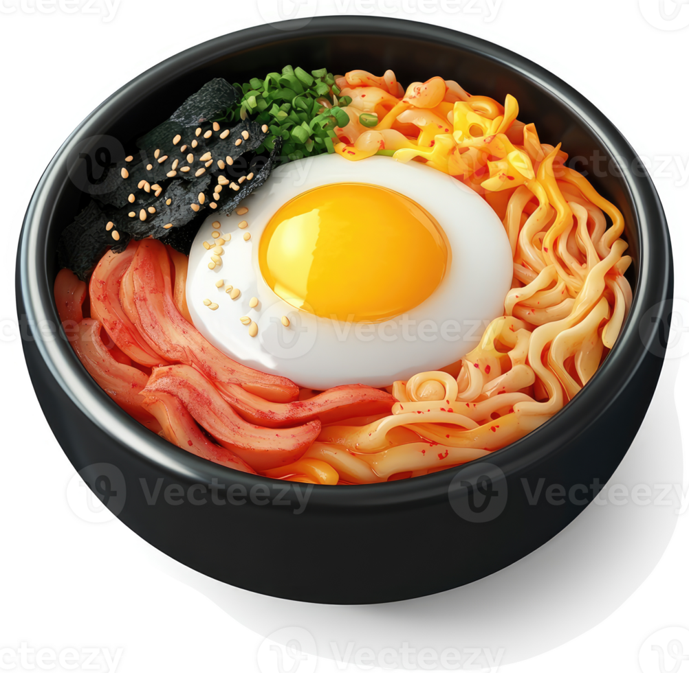 Vibrant Korean ramen bowl with egg and assorted toppings. png