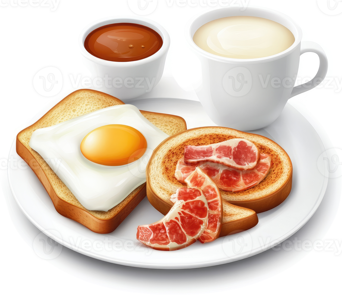 Breakfast platter featuring eggs, toast, bacon, and coffee. png