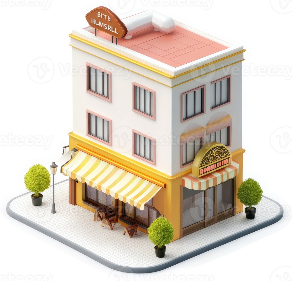 Charming, stylized depiction of a multi-story commercial building. png