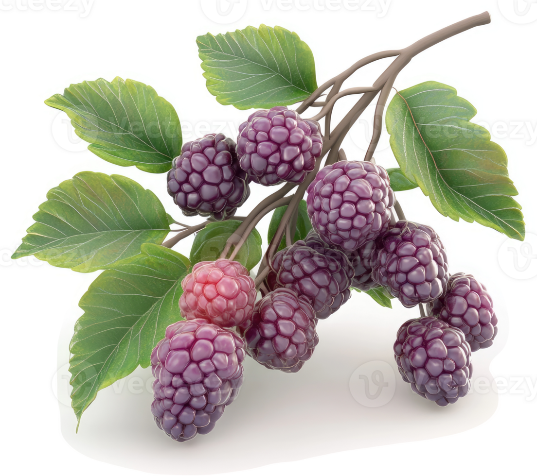 Clusters of vibrant purple blackberries on a branch. png