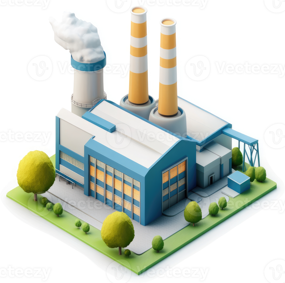 Industrial facility with multiple smoke stacks and landscaping. png