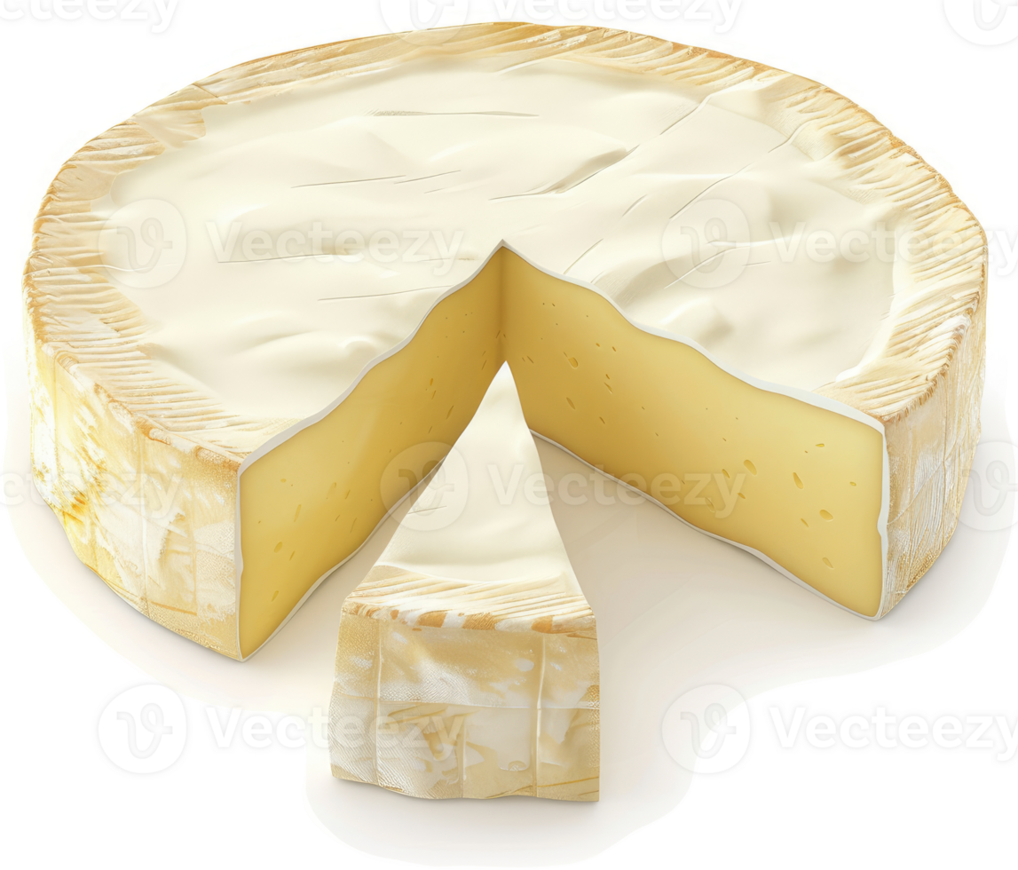 Creamy round brie cheese with a wedge removed. png