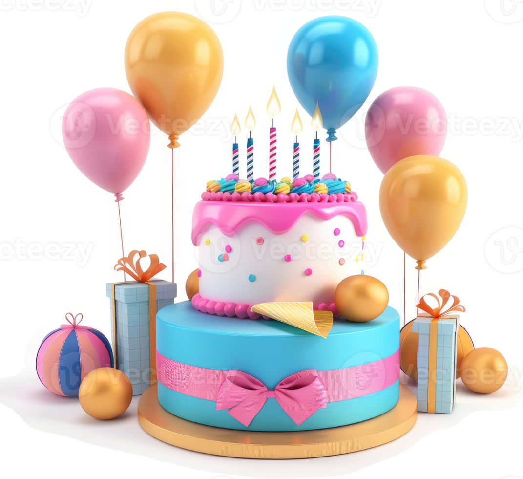 Colorful birthday cake with balloons and gifts. png