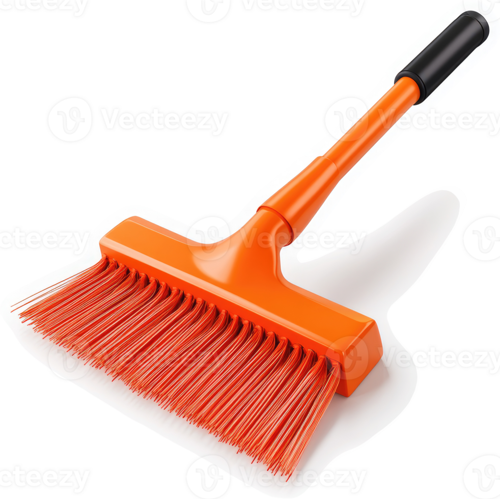 Orange push broom with a long handle. png
