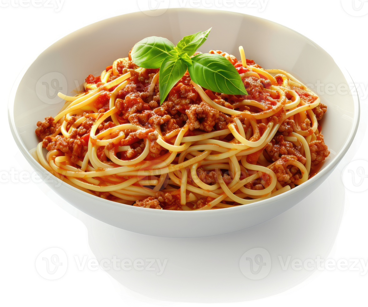 Delicious spaghetti with meat sauce served in a white bowl. png