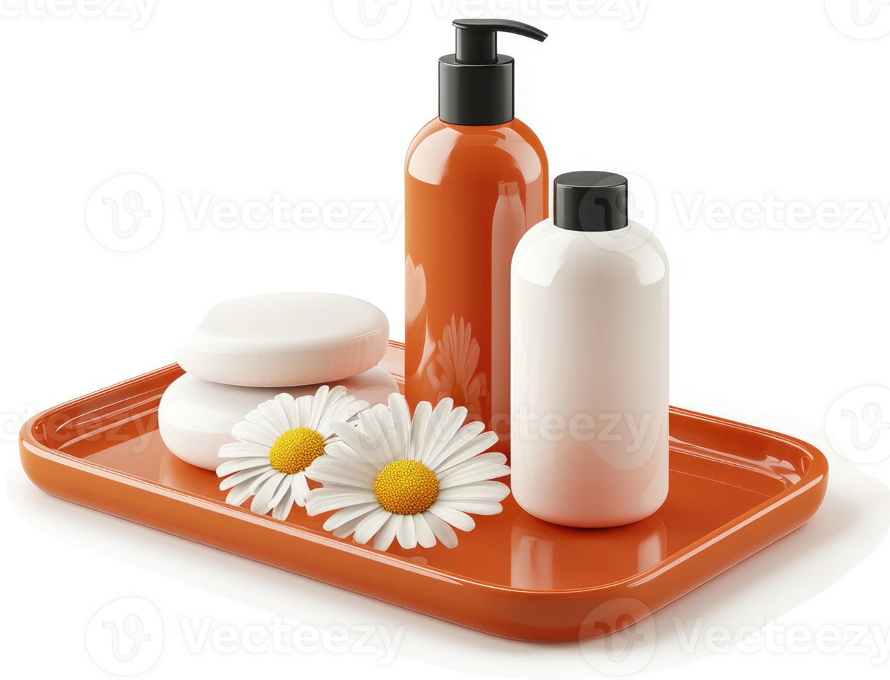 Orange tray with spa lotions and chamomile flowers. png