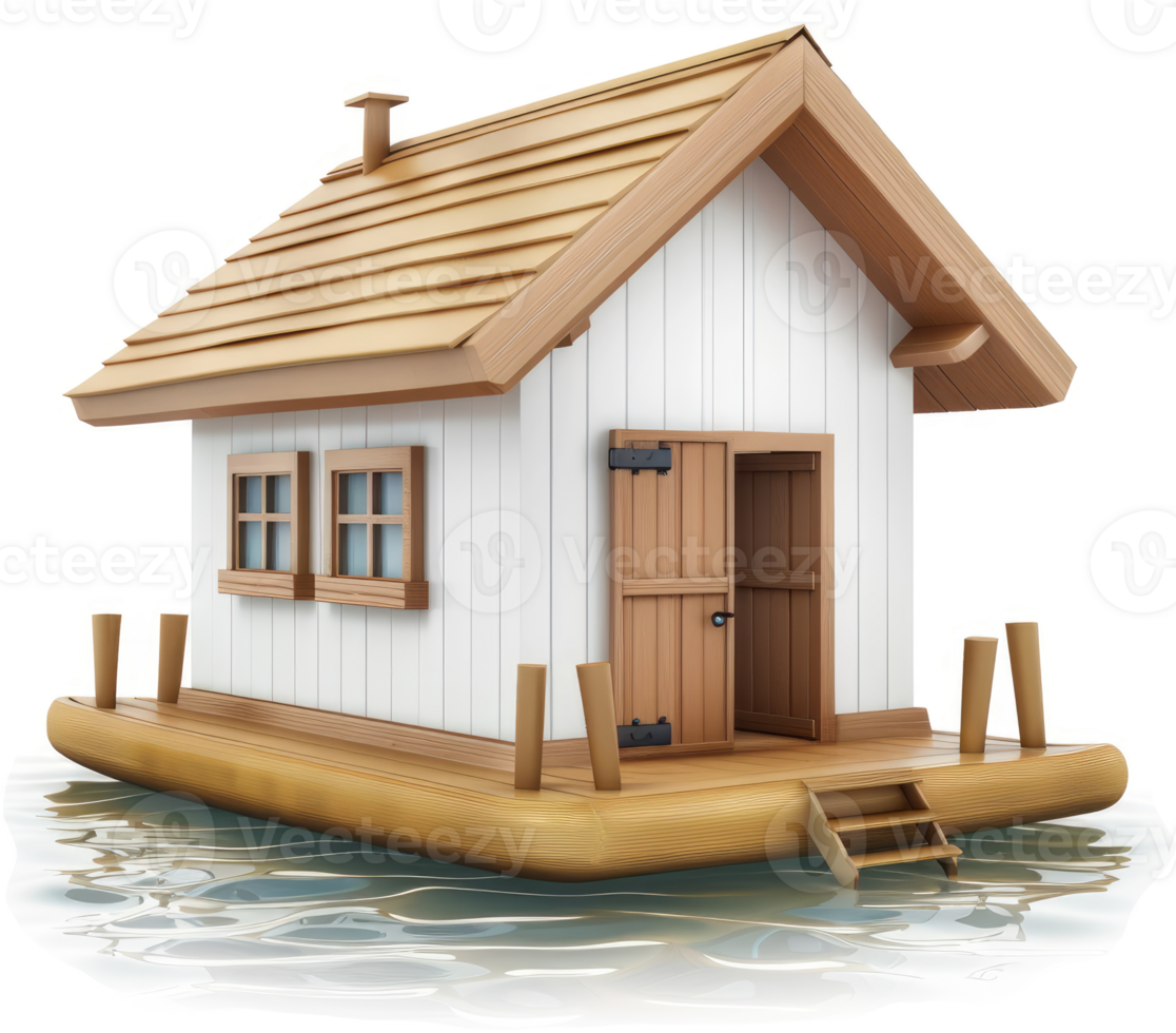 Floating wooden cottage on a tranquil lake. png