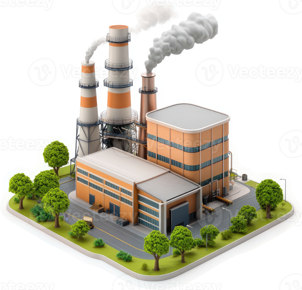 Industrial complex with smokestacks and surrounding greenery. png