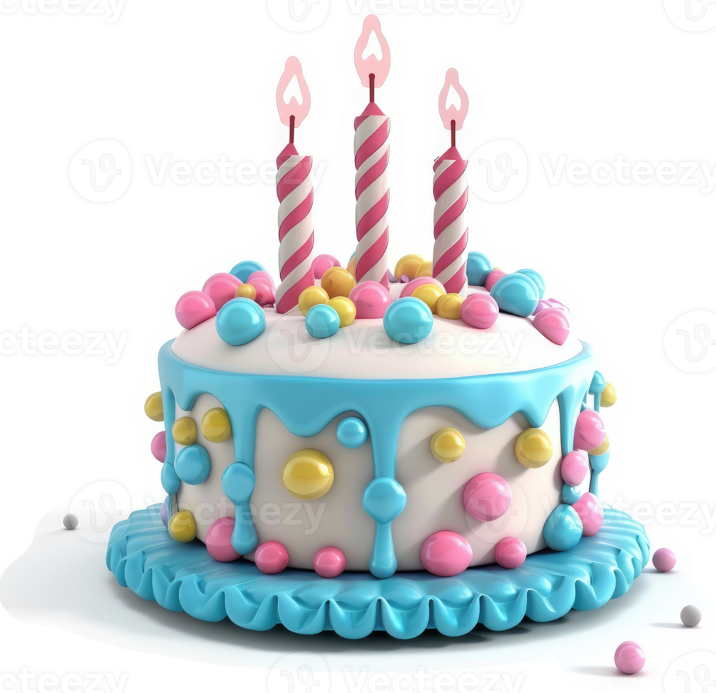 Colorful birthday cake with three candles. png