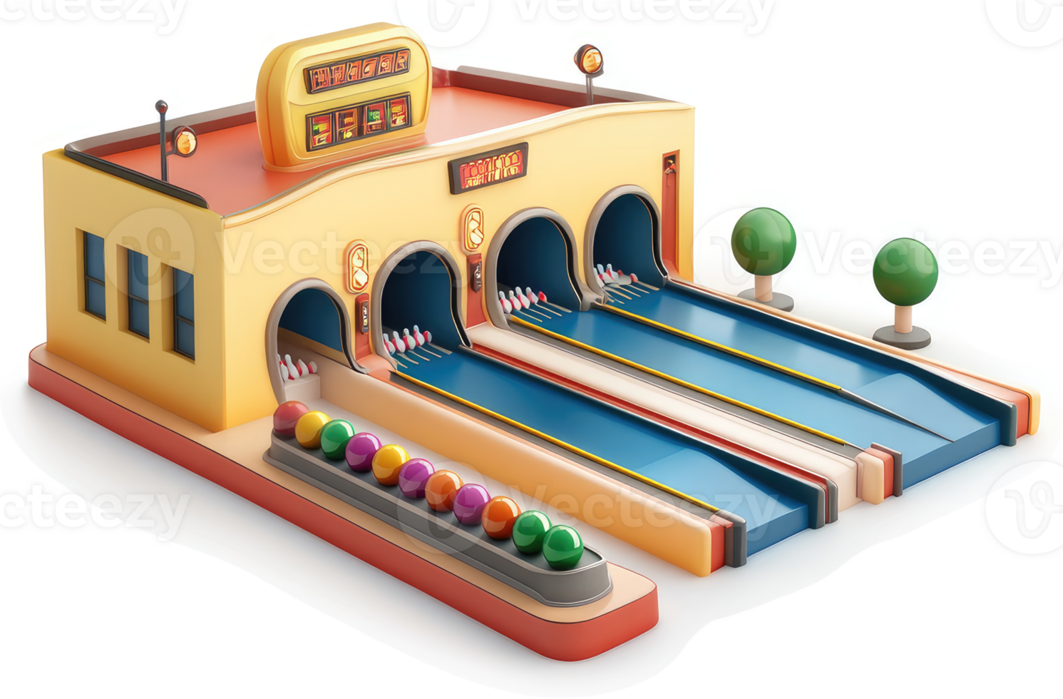 Colorful bowling alley depicted in 3D. png