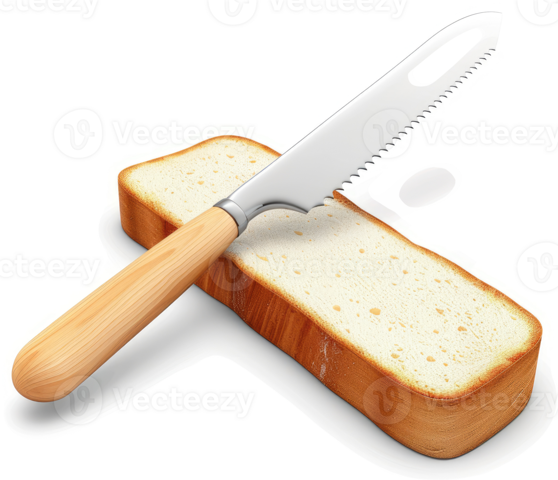 A serrated knife slices a loaf of sliced bread. png