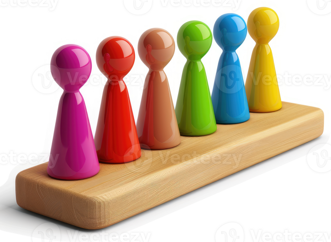 Colorful game pieces in a horizontal row on a wooden base. png