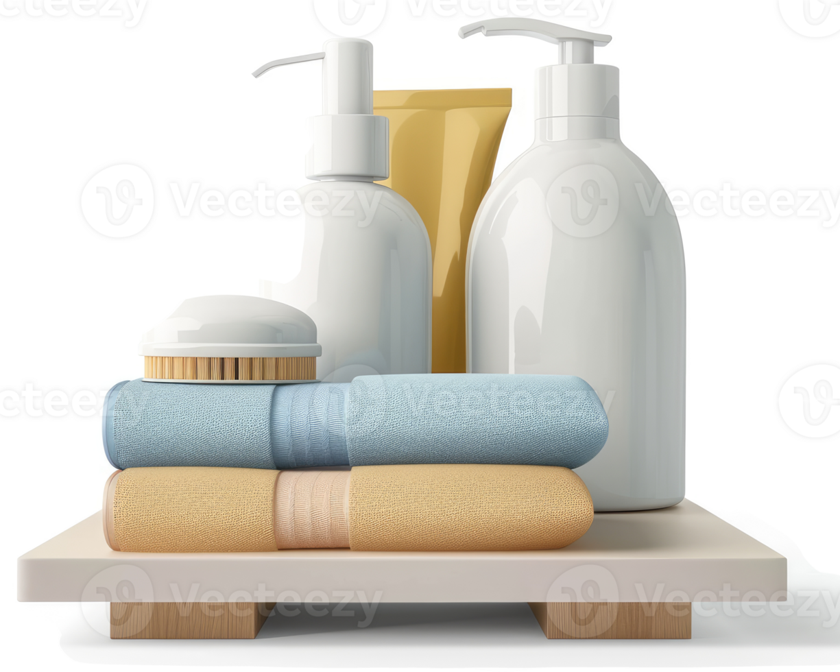 Luxury spa toiletries and towels displayed on a tray. png
