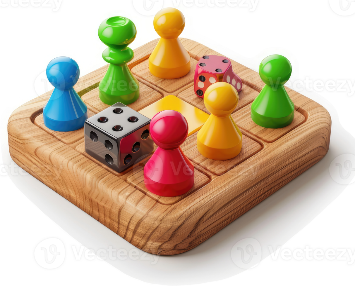 Colorful game pieces and dice on a wooden game board. png