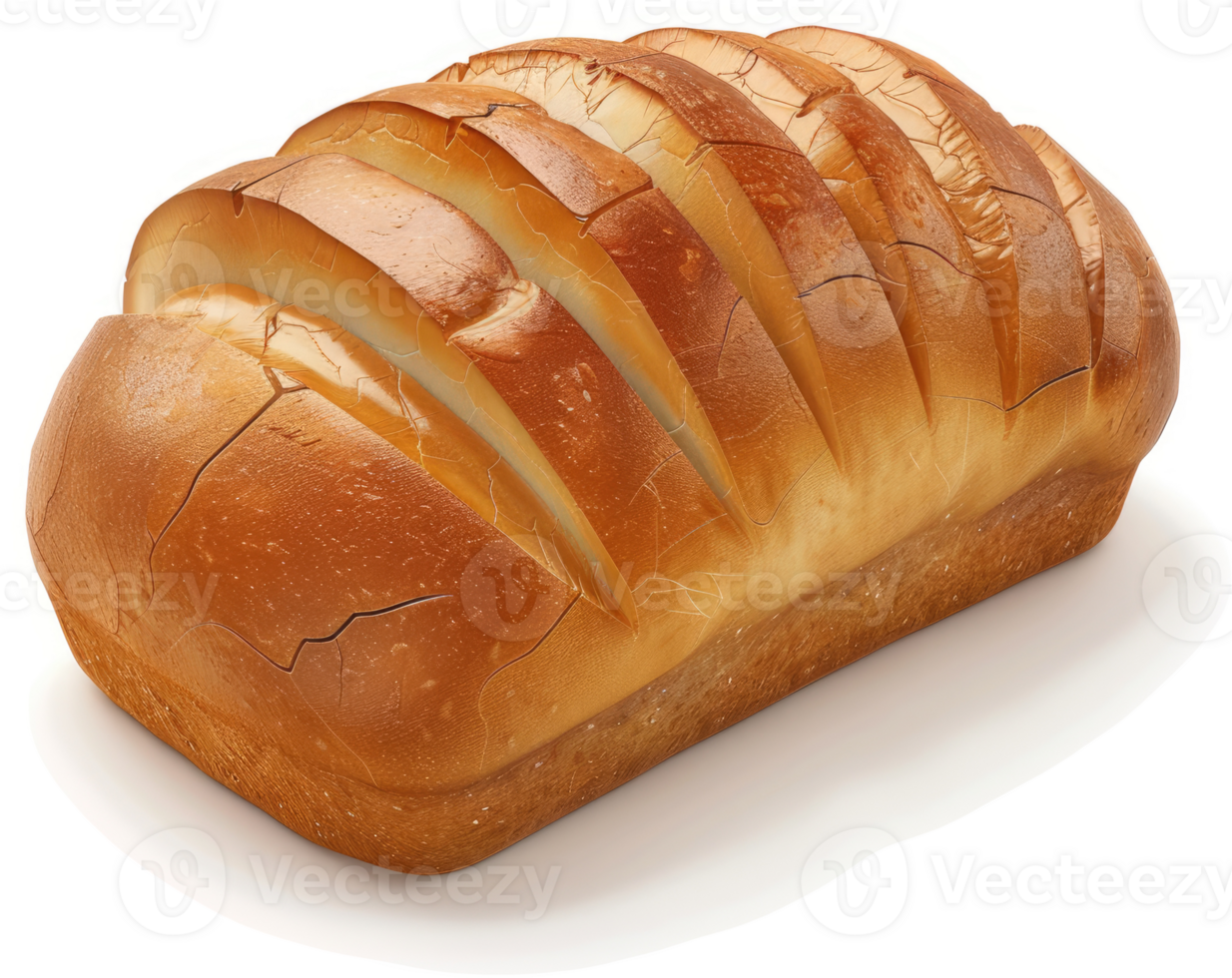Golden, sliced loaf of bread sits prominently. png