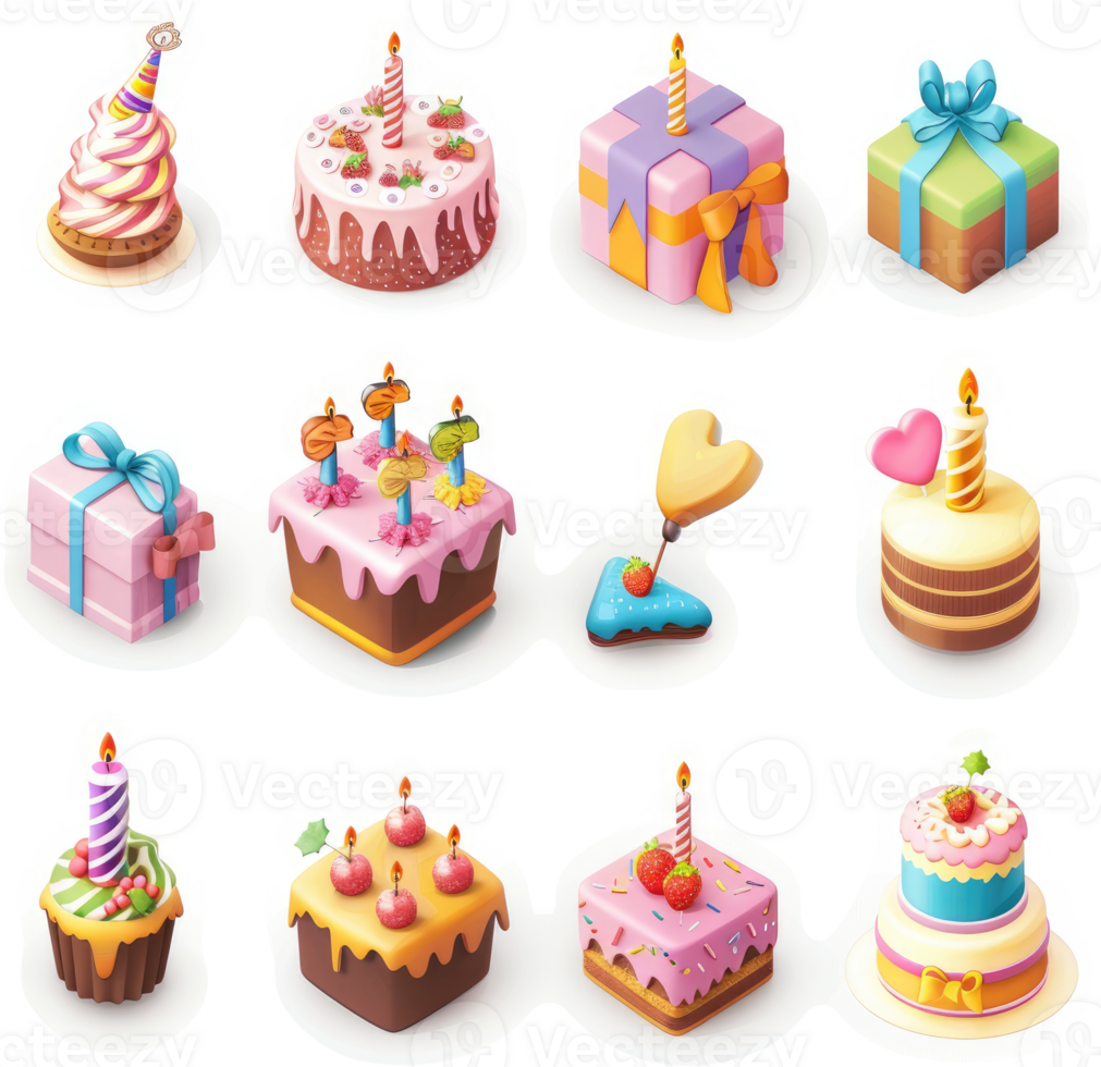Colorful birthday cakes and gifts, a collection of festive treats. png