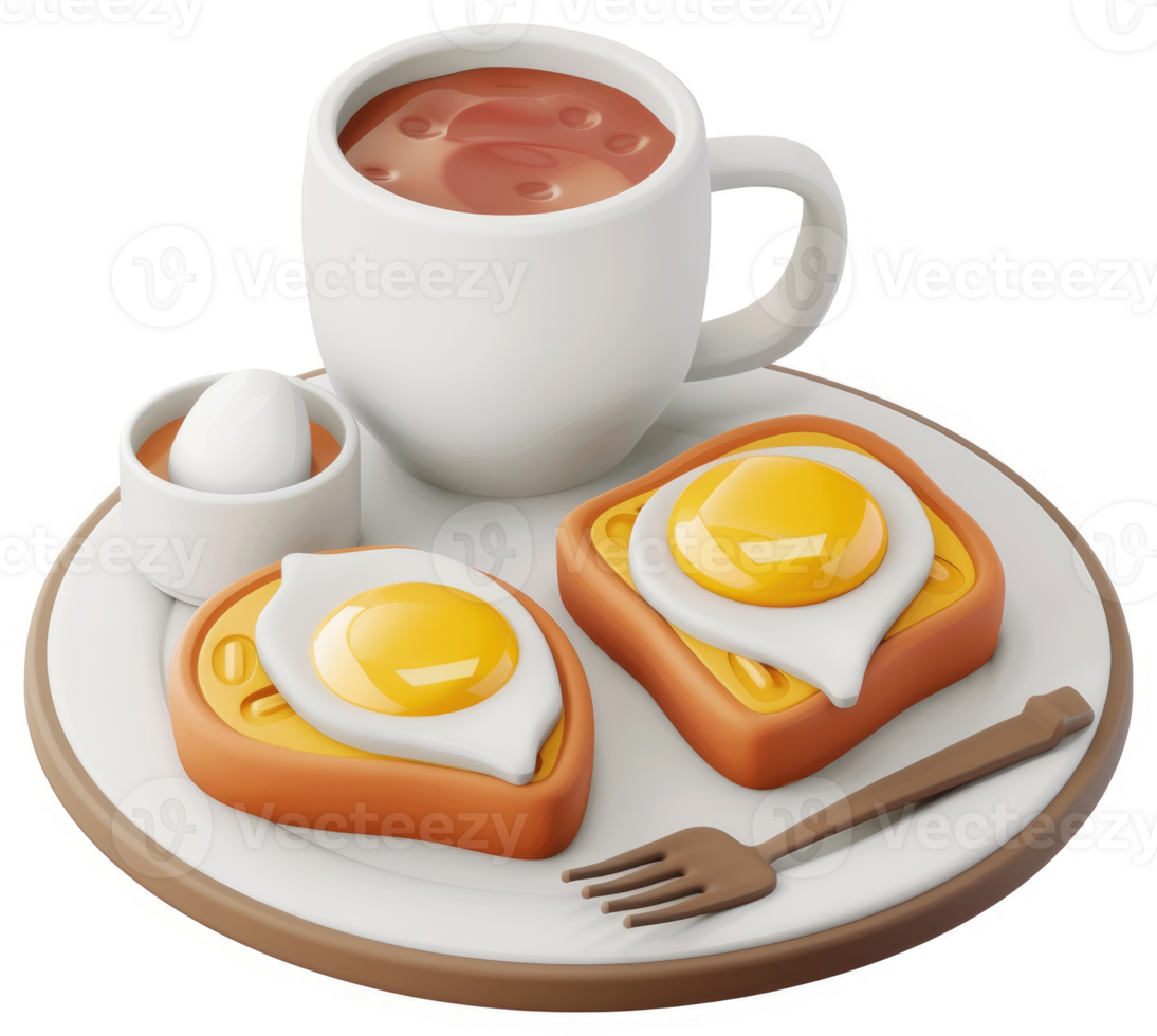 Cartoonish breakfast platter with toast, eggs, and hot drink. png