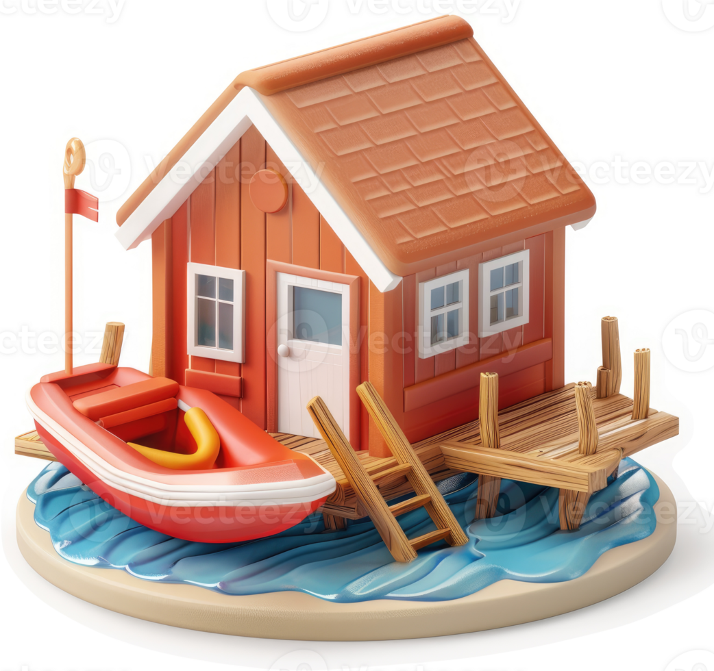 Coastal cabin with small boat on a pier. png
