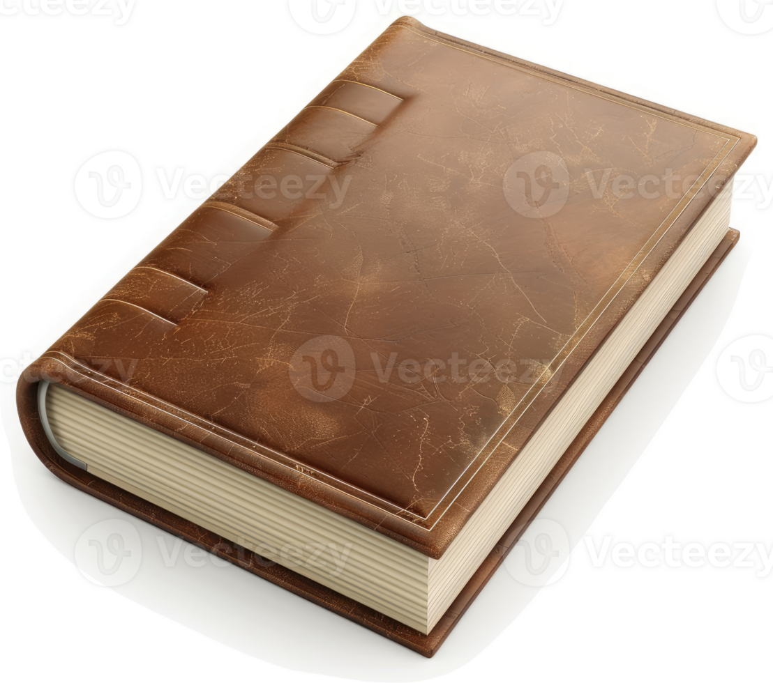 Classic brown leather-bound book resting on a white surface. png
