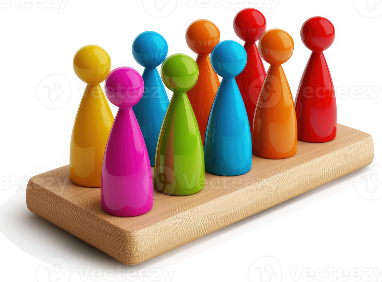 Colorful game pieces arranged on a wooden base. png