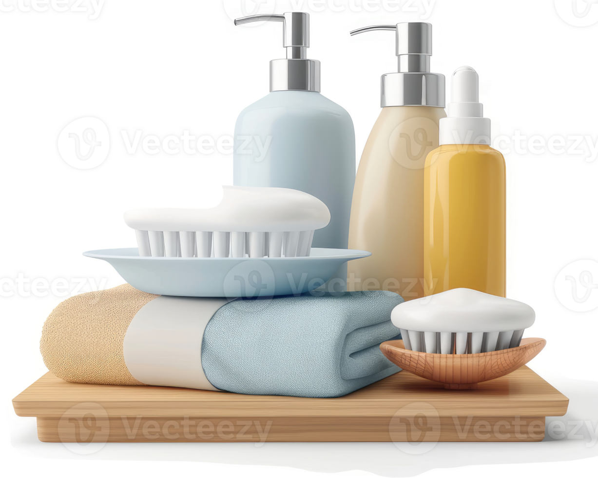 Set of toiletries and towels displayed on a wooden tray. png