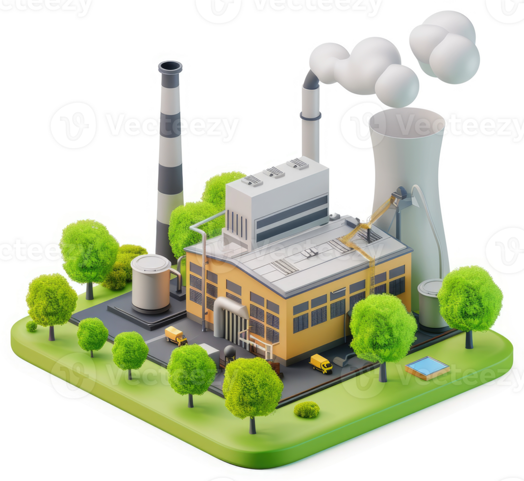 Industrial complex with smoke stacks and surrounding greenery. png