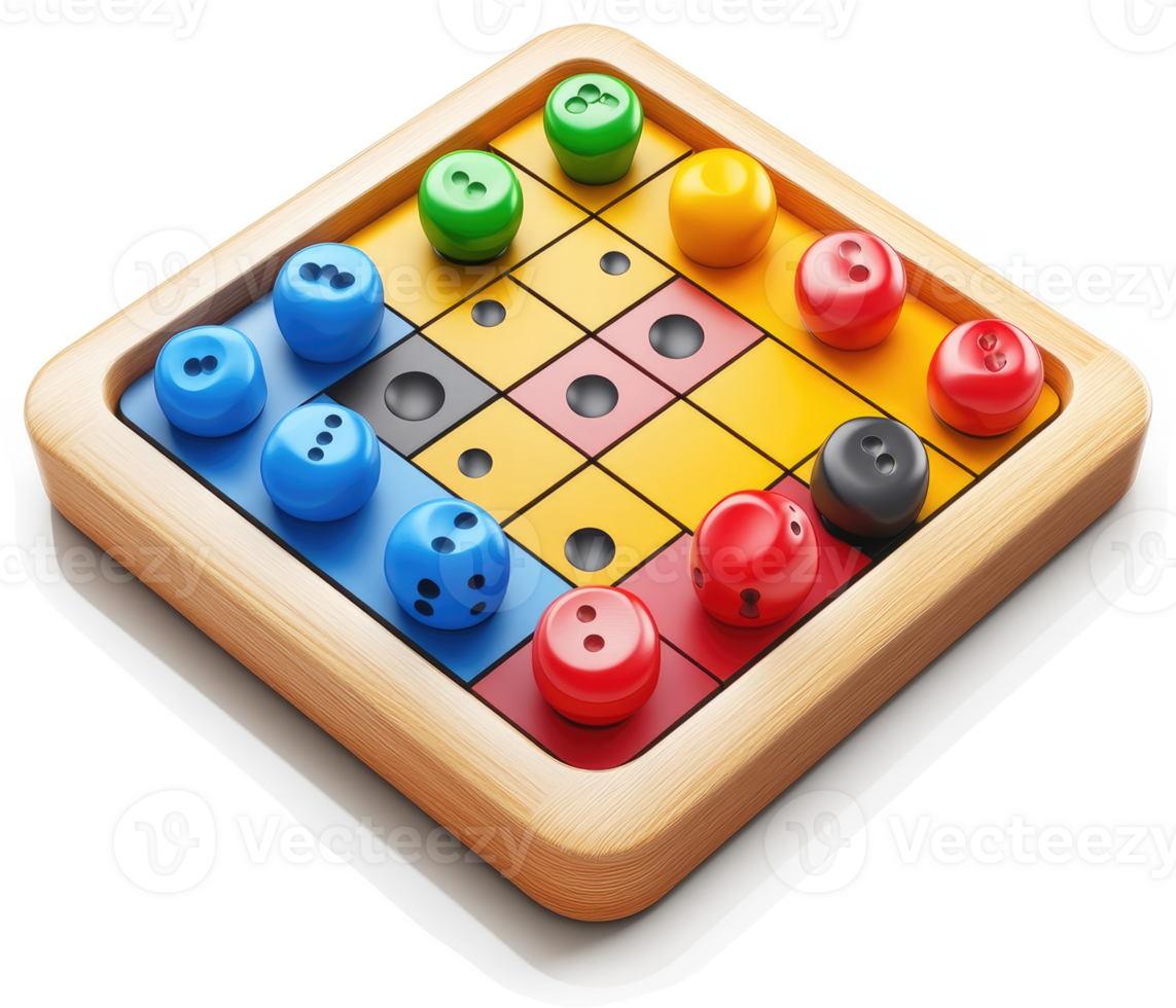 Colorful board game with dice and movable pieces. png