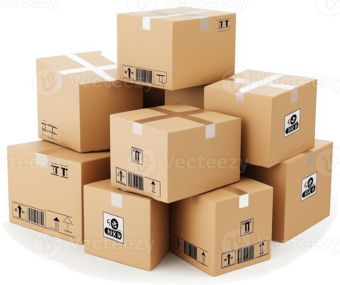 Stacked cardboard boxes for shipping and delivery. png