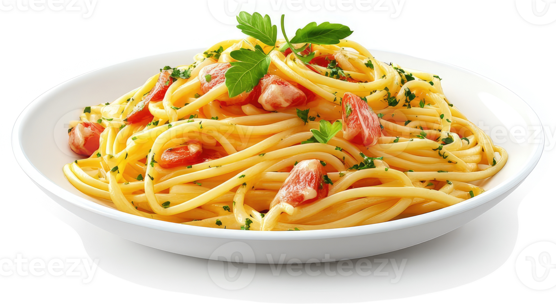 Creamy, tomato-studded spaghetti dish on a white plate. png