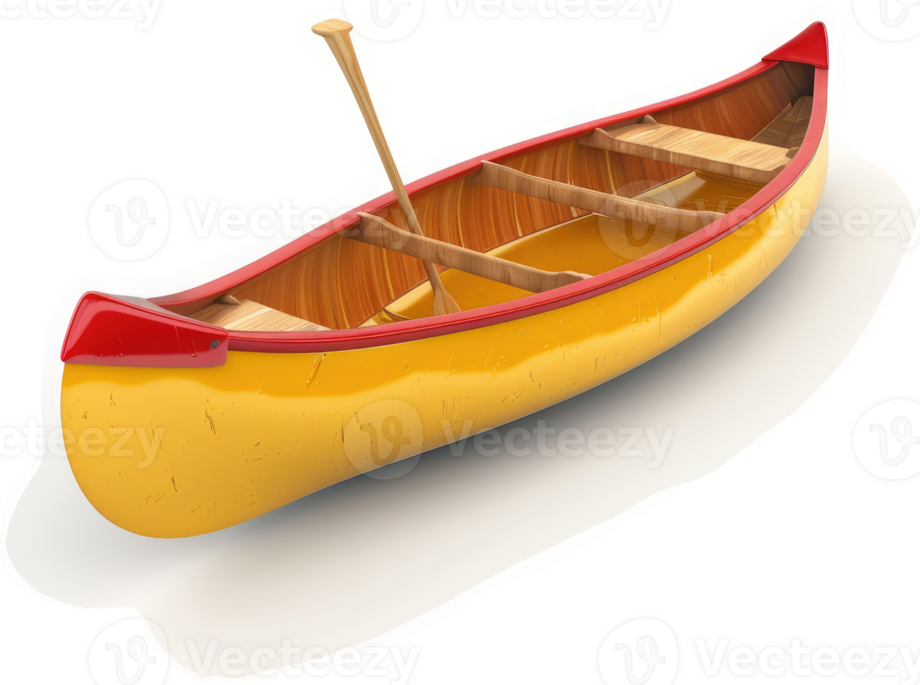 Wooden yellow canoe with red accents and paddle. png