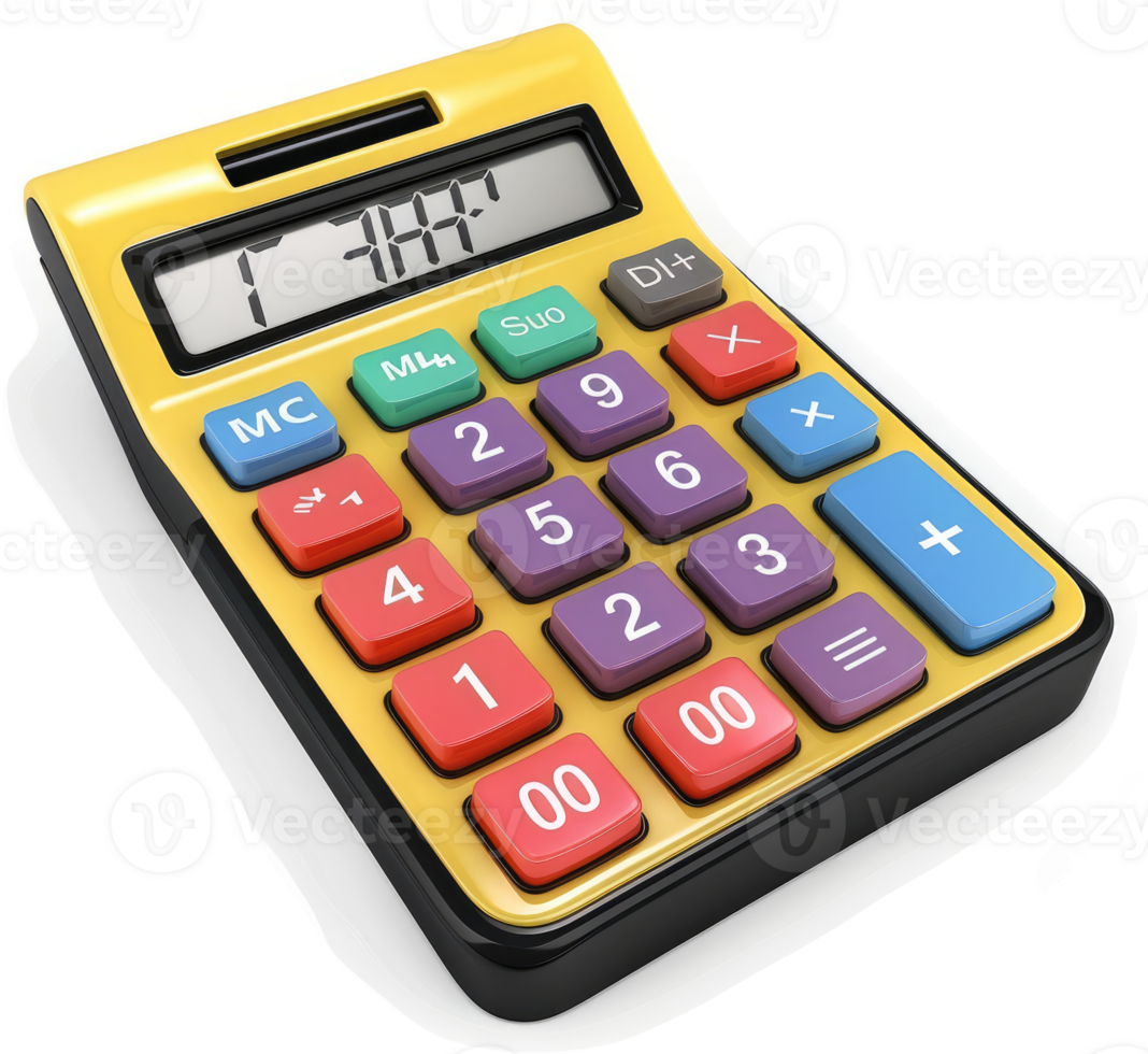 Colorful, handheld calculator with numeric keys. png