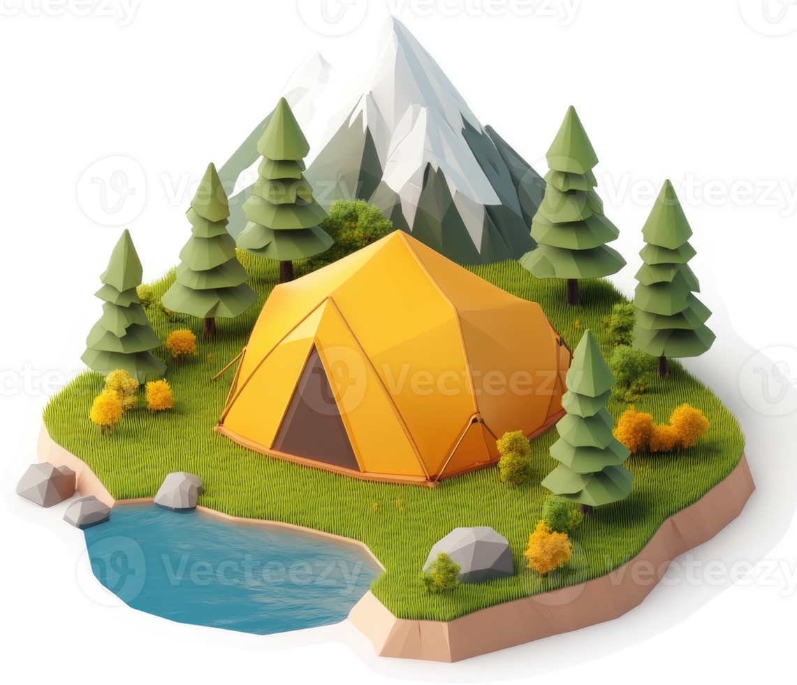 Colorful camping scene on a miniature island. png