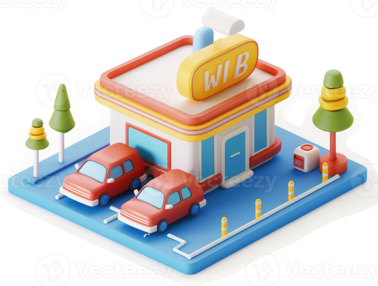 Colorful miniature gas station with parked vehicles. png