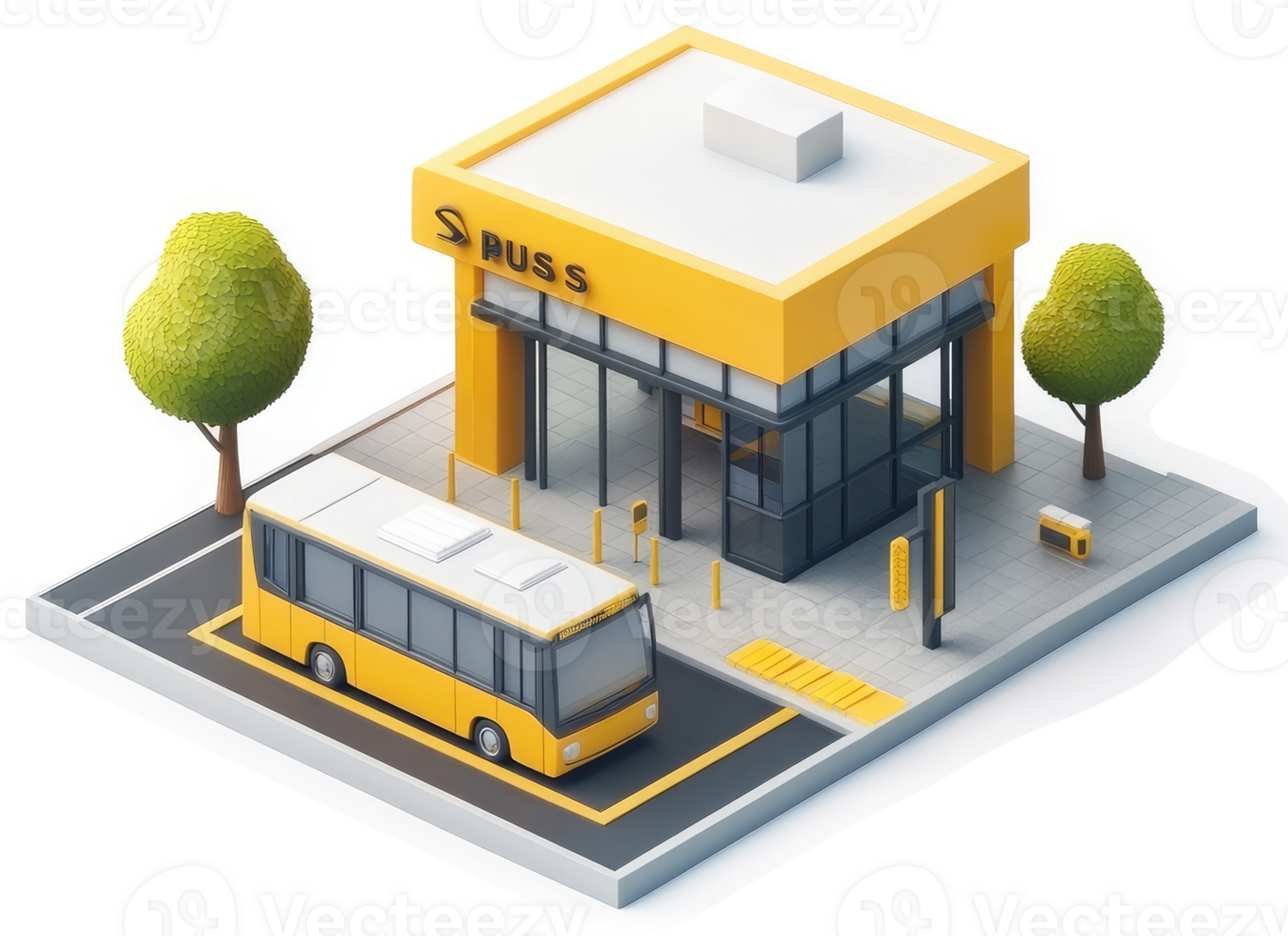 Colorful isometric depiction of a bus stop and a bus. png