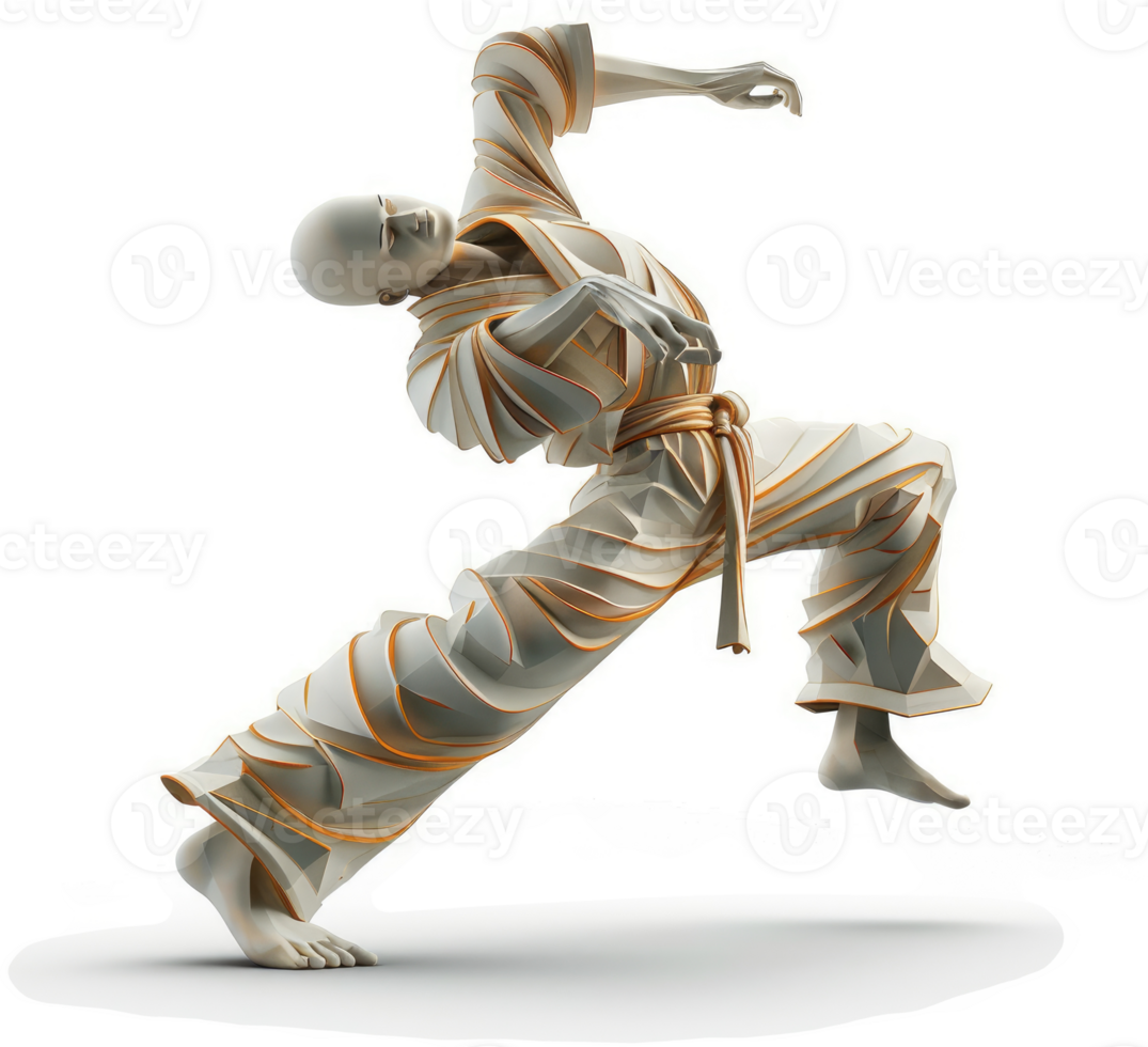 Dynamic karateka in a stylized, flowing pose. png