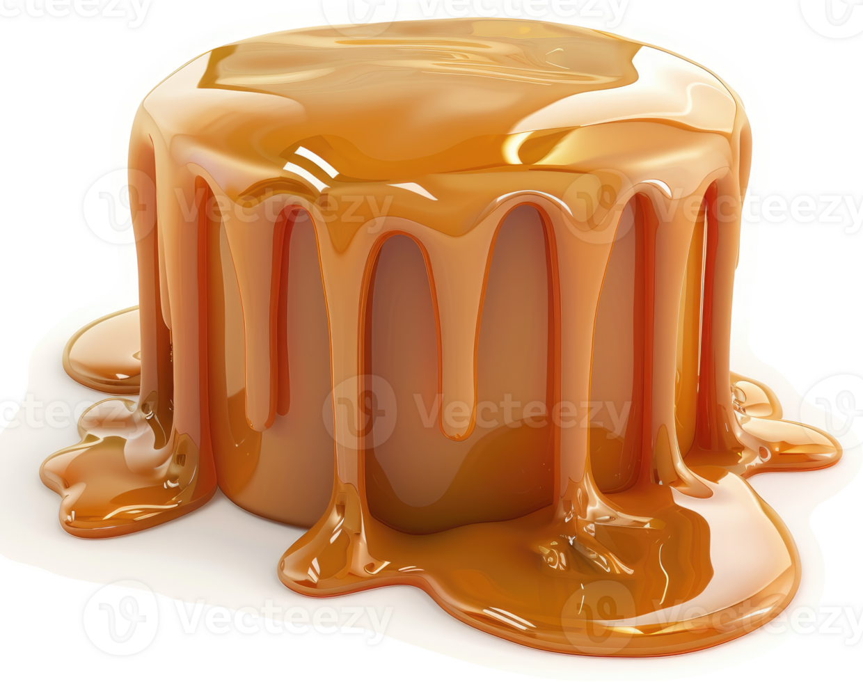 Melted caramel topping drips from a round confection. png