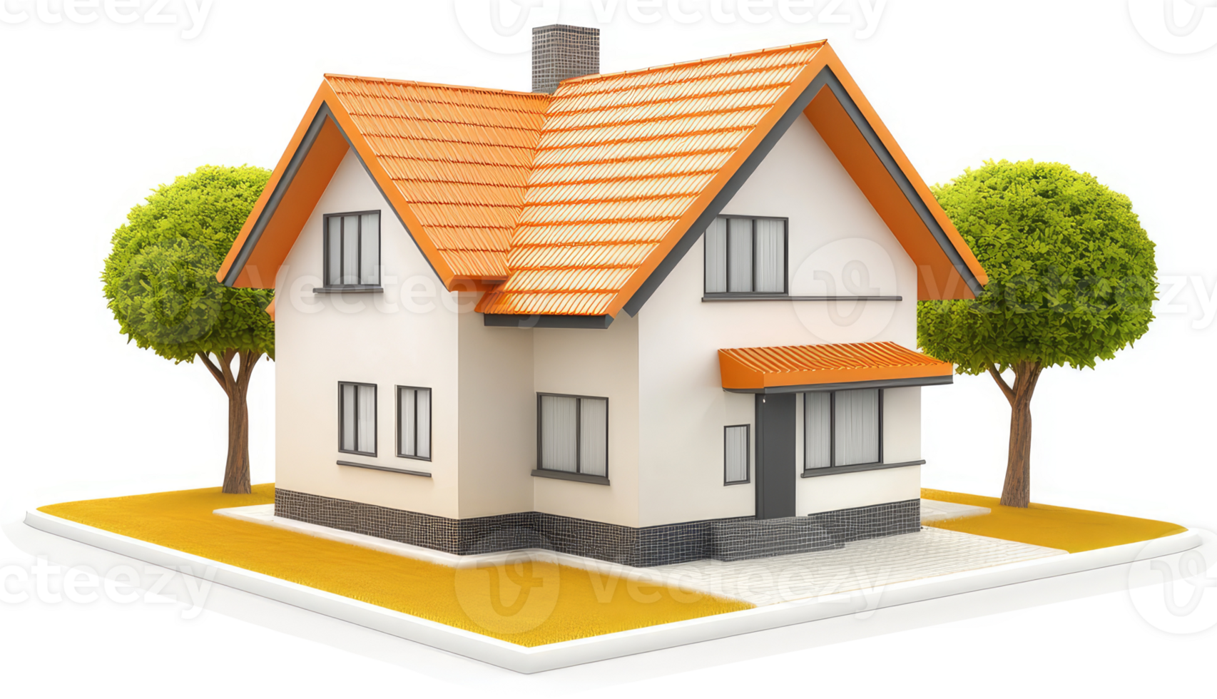 Two trees flank a two-story suburban home with orange roof. png