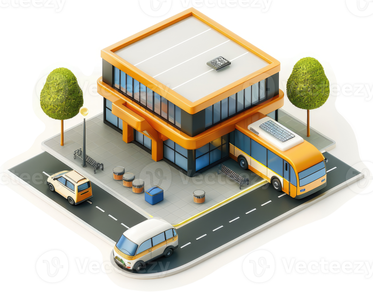 Urban bus station with surrounding vehicles and infrastructure. png
