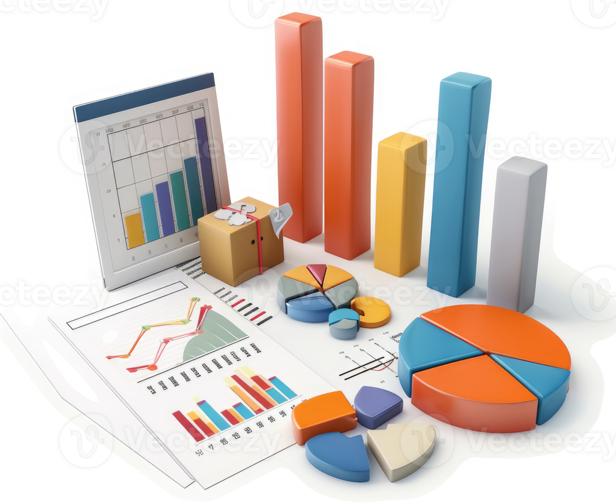 Colorful charts and graphs display business data and package delivery. png