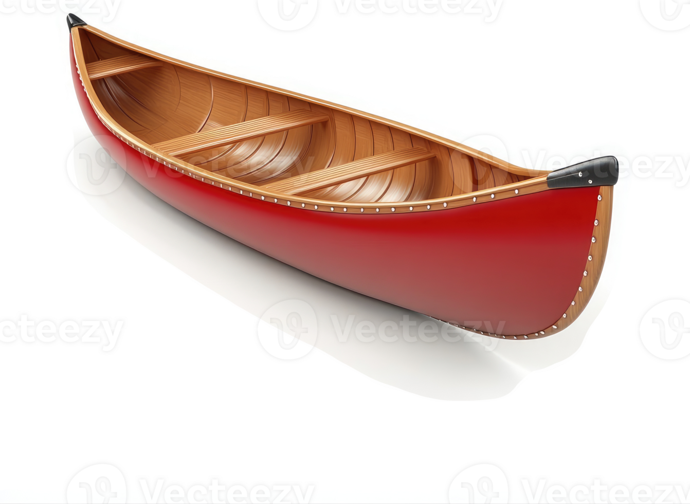 Wooden red canoe positioned for viewing. png