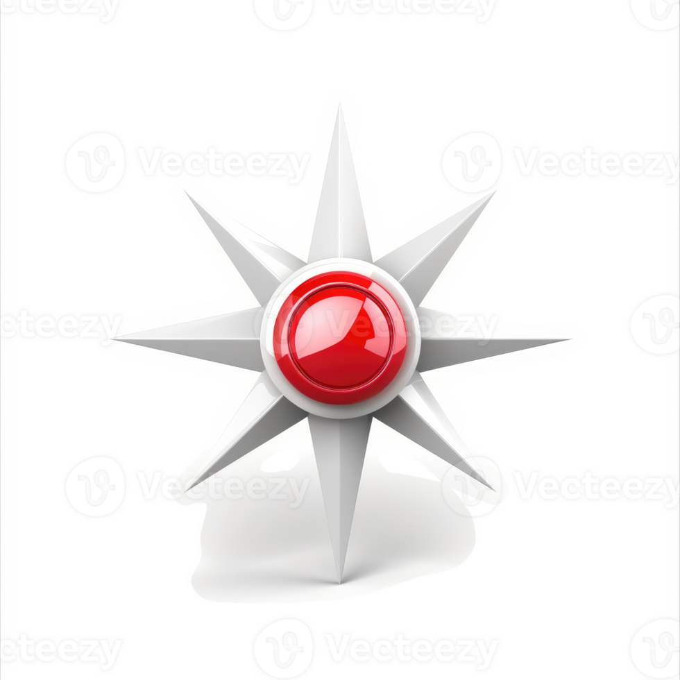 Three-dimensional starburst icon with a central red button. png