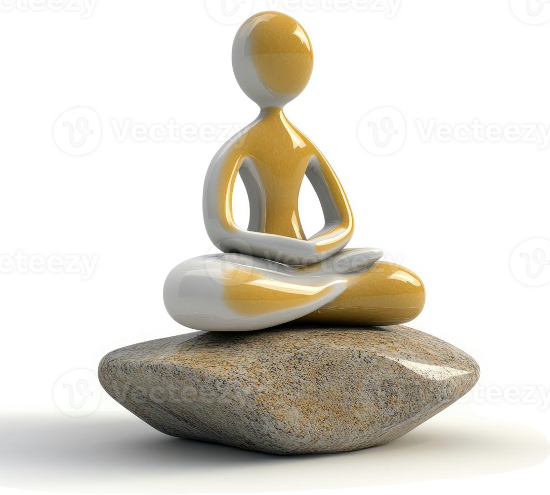 Golden figure in meditation posture atop a stone. png