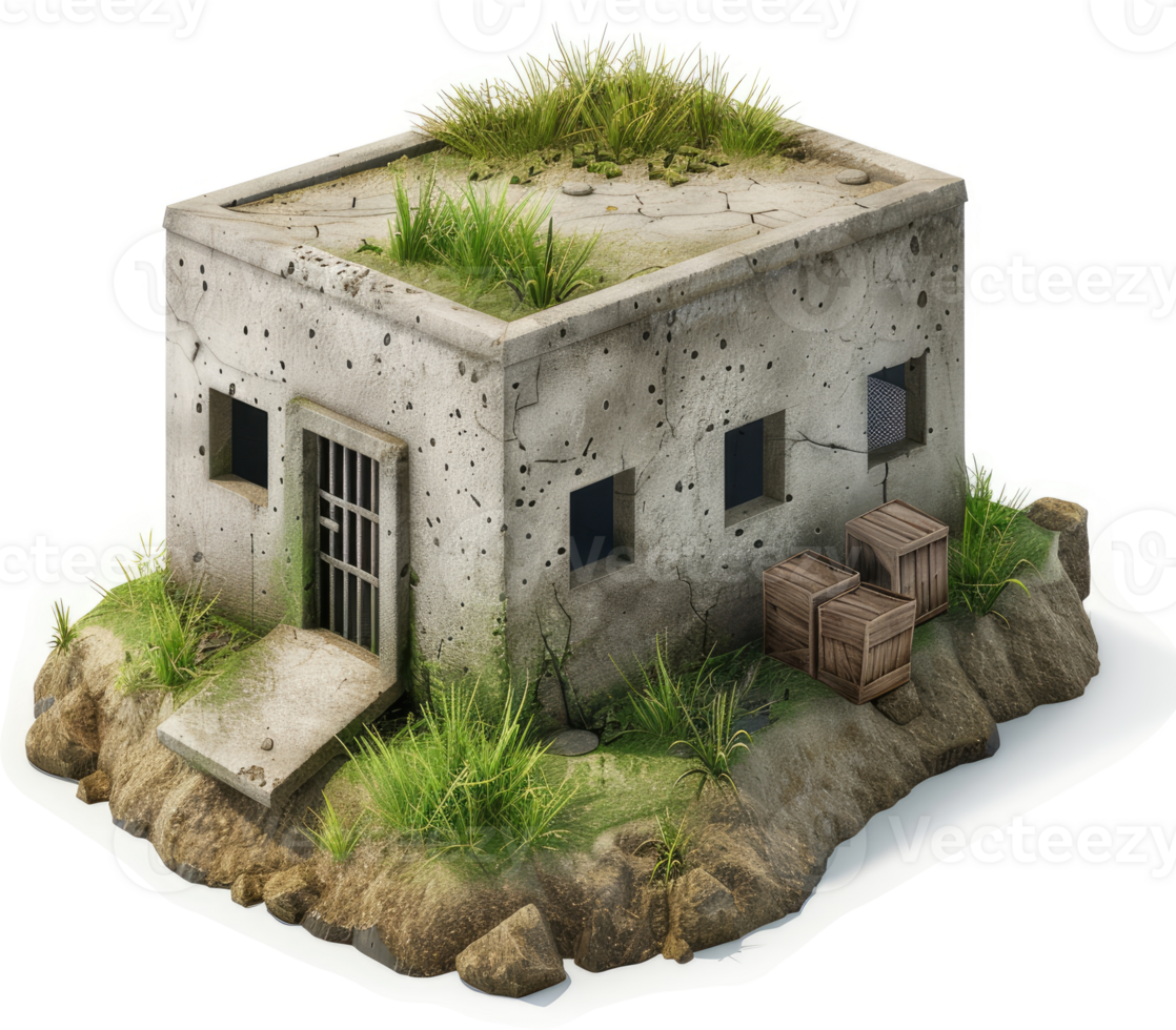 Gray concrete bunker structure on a rocky outcrop. png