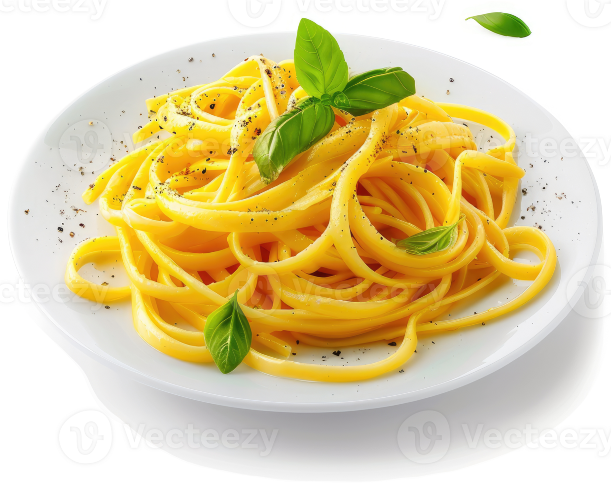 A plate of freshly cooked yellow pasta with basil and pepper. png