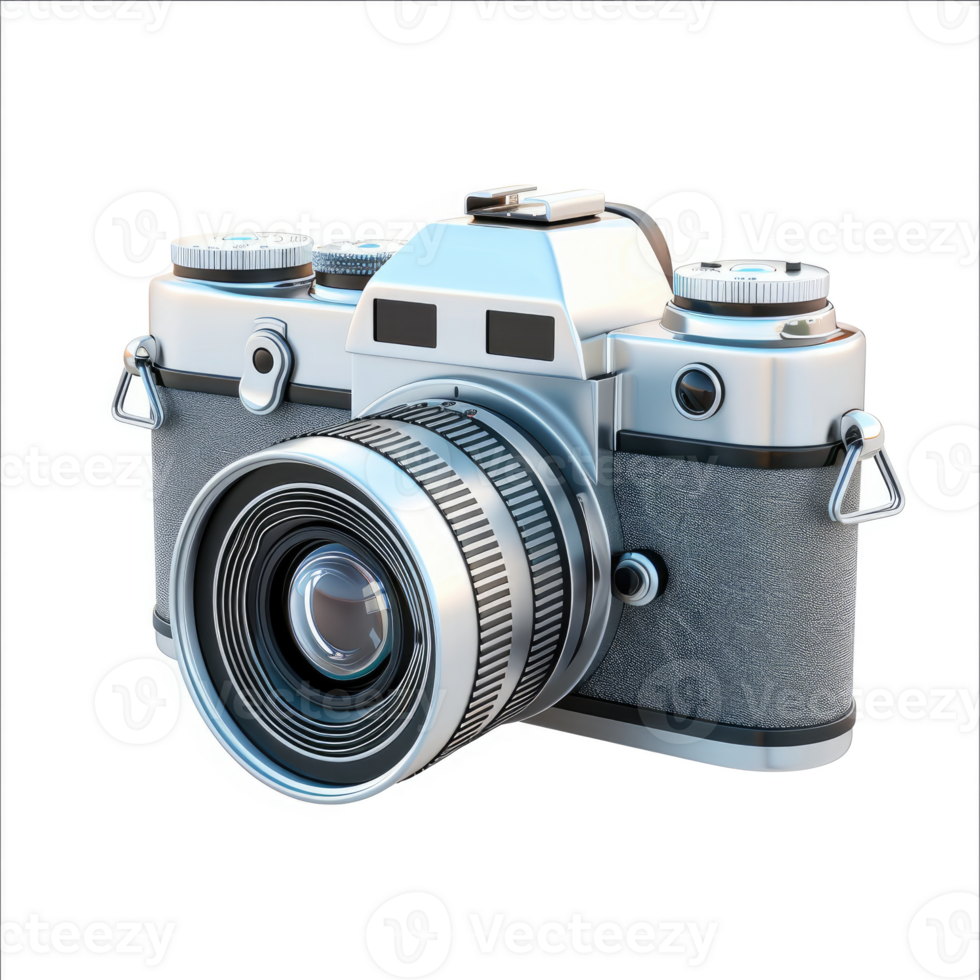 Vintage silver-toned film camera, isolated on white. png