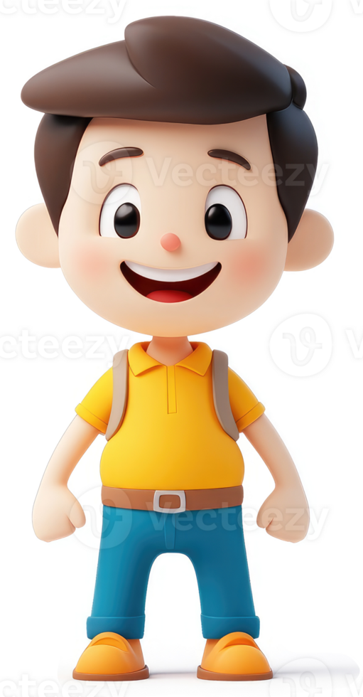 Cheerful cartoon boy with backpack stands in profile view. png