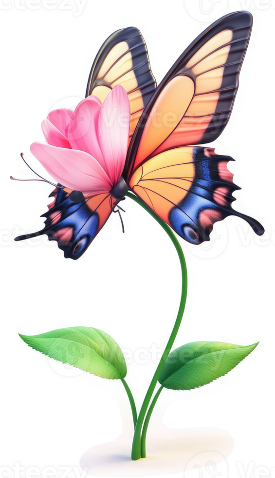 Delicate butterfly perched on a blooming pink flower. png